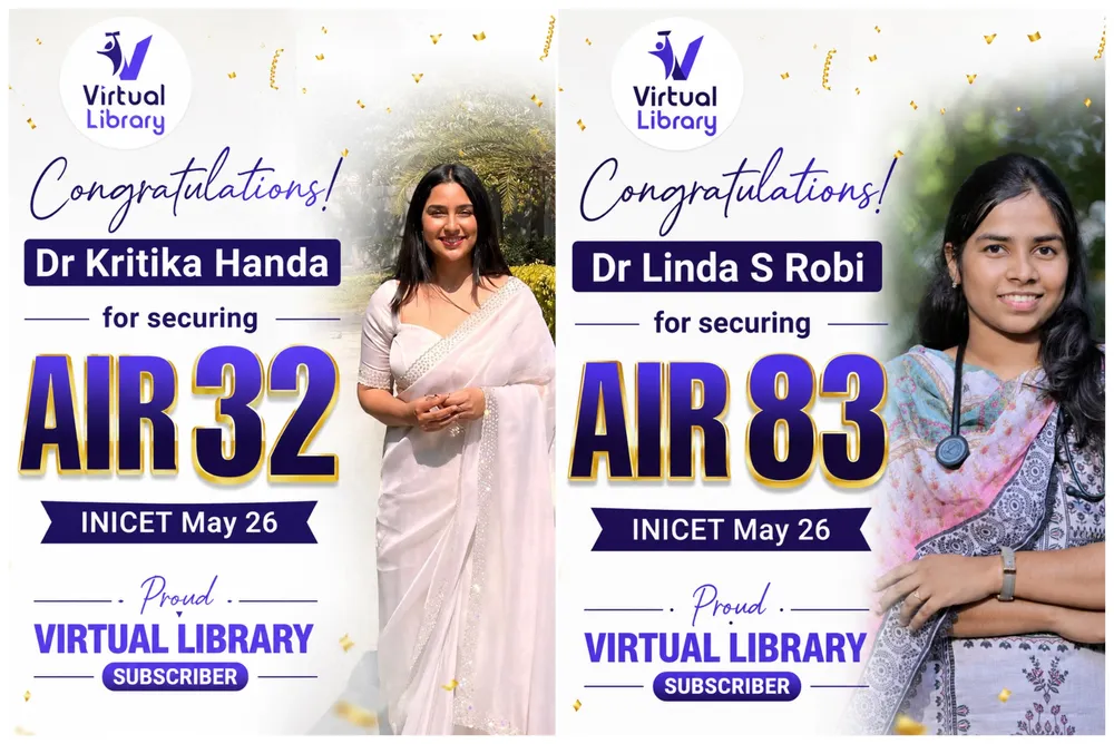 Congratulations posters for Dr Kritika Handa, AIR 32, and Dr Linda S Robi, AIR 83, in INI-CET May 2026