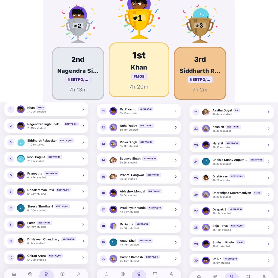Virtual Library app live study ranking with top 30 aspirants and hours studied