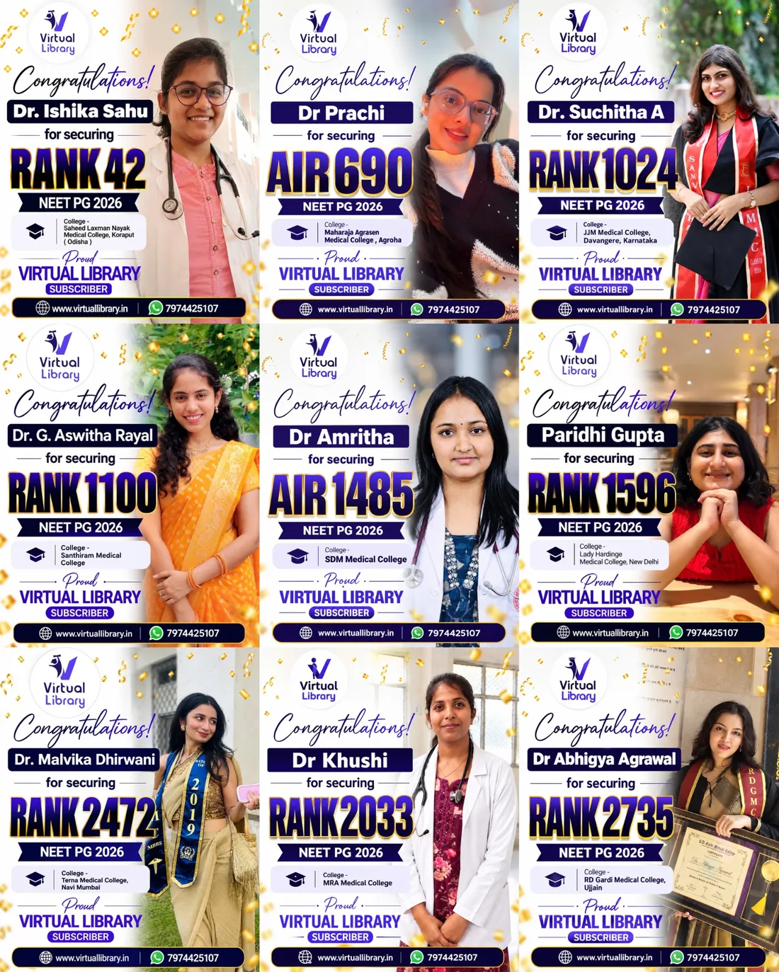 Congratulation posters for female Virtual Library subscribers who secured ranks in NEET PG 2026