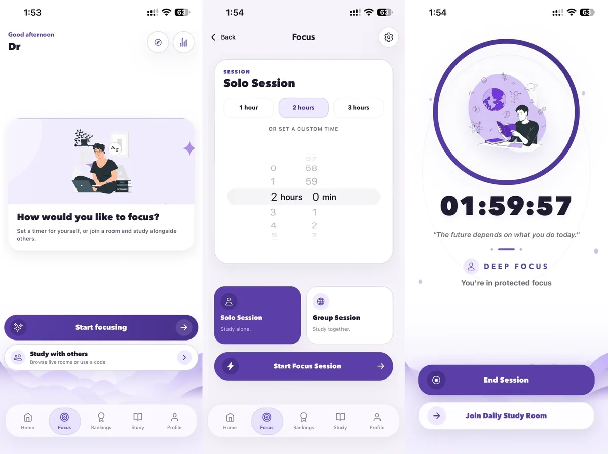 Solo Focus Session in the Virtual Library app: choose a duration, start the session and stay in deep focus