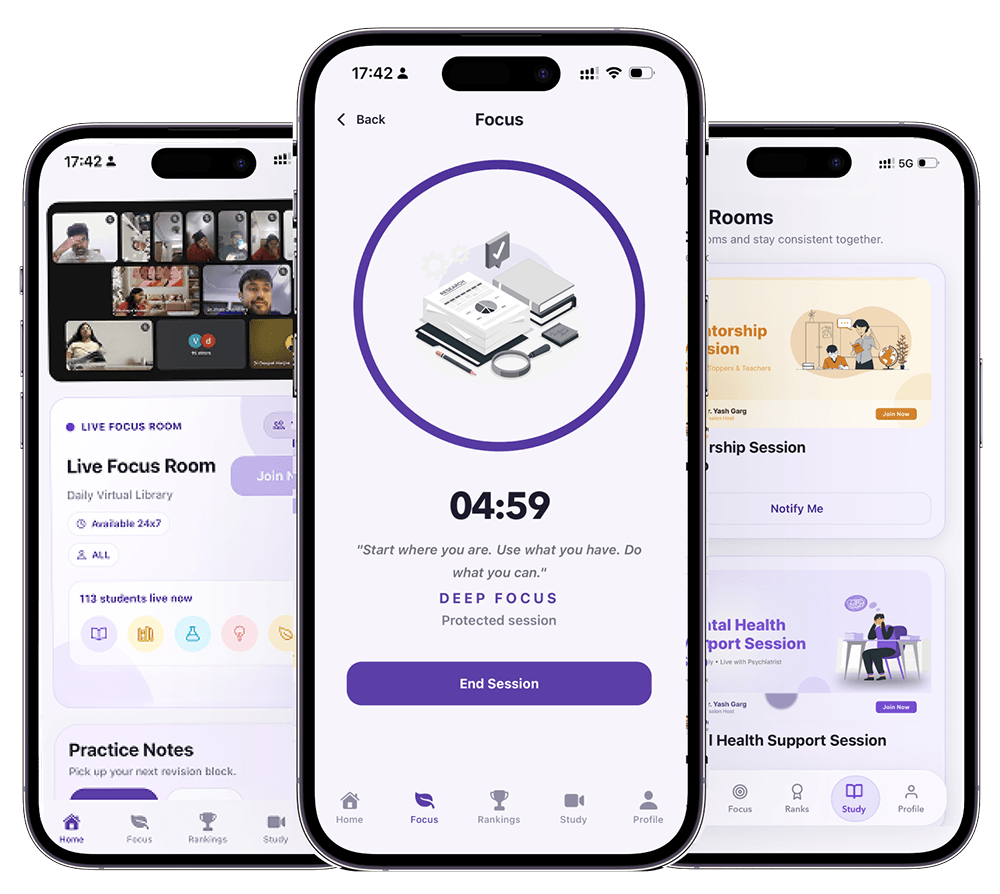 Virtual Library app screens for study rooms, focus mode, and sessions